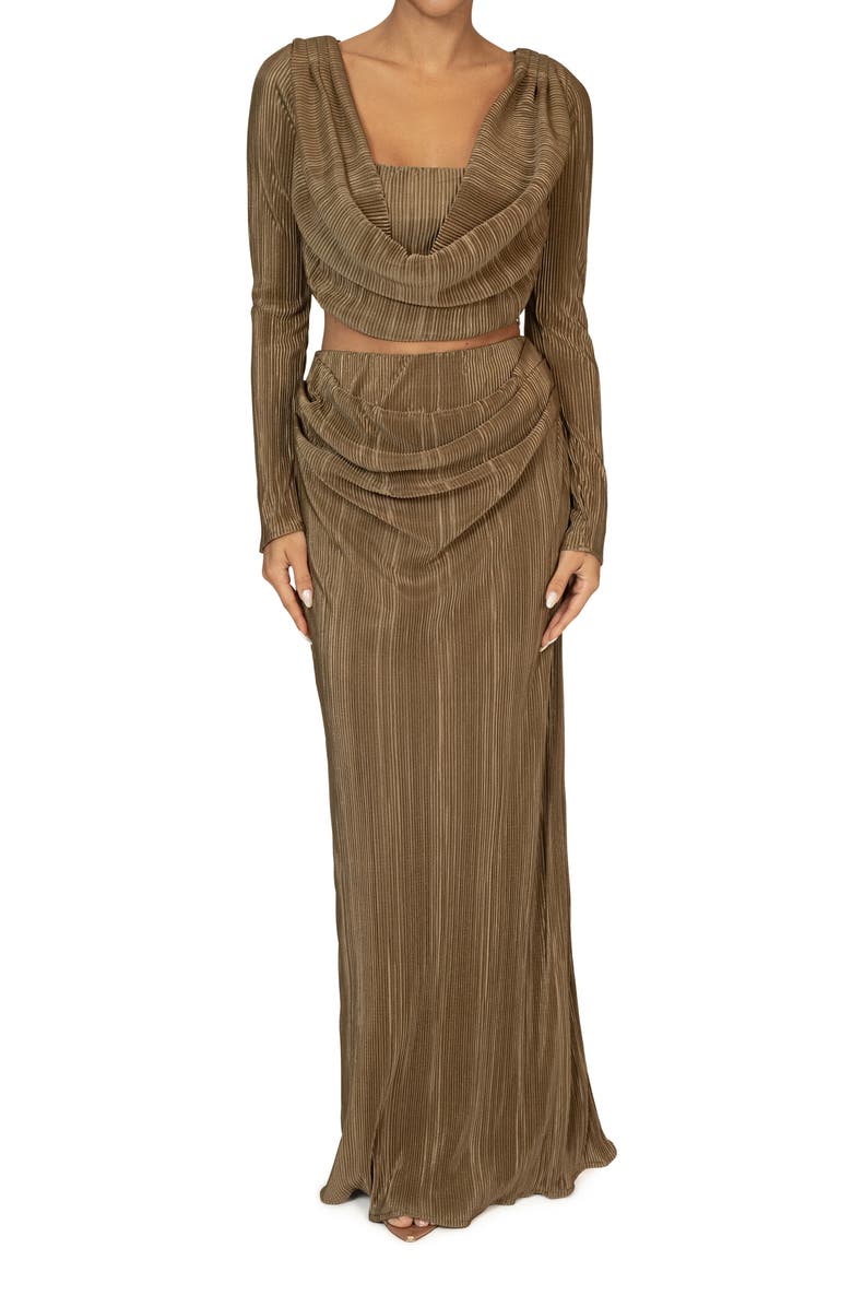 JLUXLABEL Haidyn Plissé Long Sleeve Crop Top & Maxi Skirt Set, Main, color,