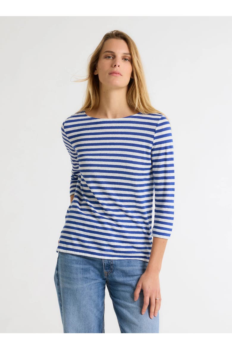 Stretch Linen Stripe Three Quarter Sleeve Boatneck T-Shirt, Main, color, ABYSS