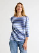 Majestic Filatures Stretch Linen Stripe Three Quarter Sleeve Boatneck T-Shirt
