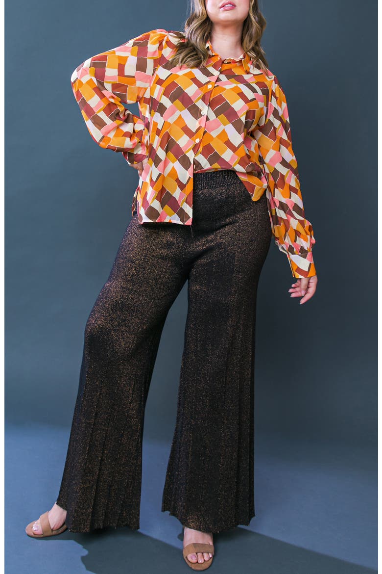 Geometric Print Long Sleeve Button-Up Shirt, Alternate, color, MUSTARD BROWN