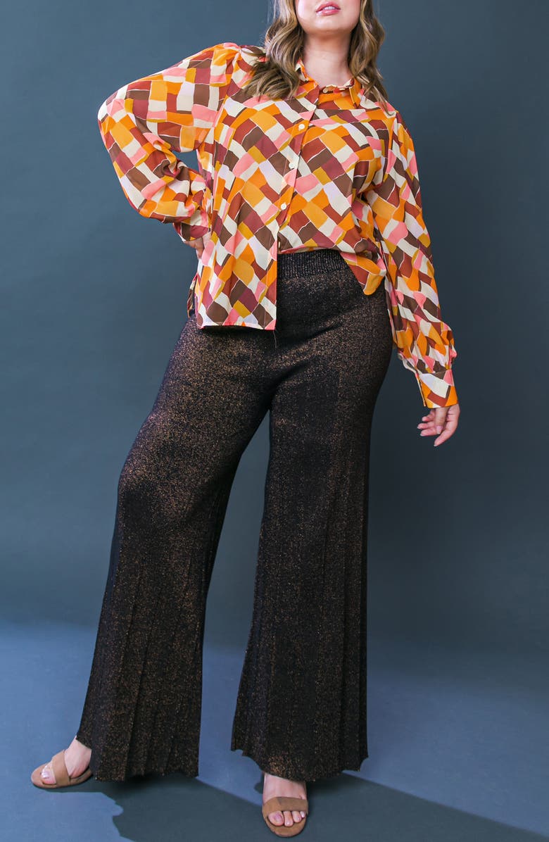 FLYING TOMATO Geometric Print Long Sleeve Button-Up Shirt, Alternate, color, Mustard Brown