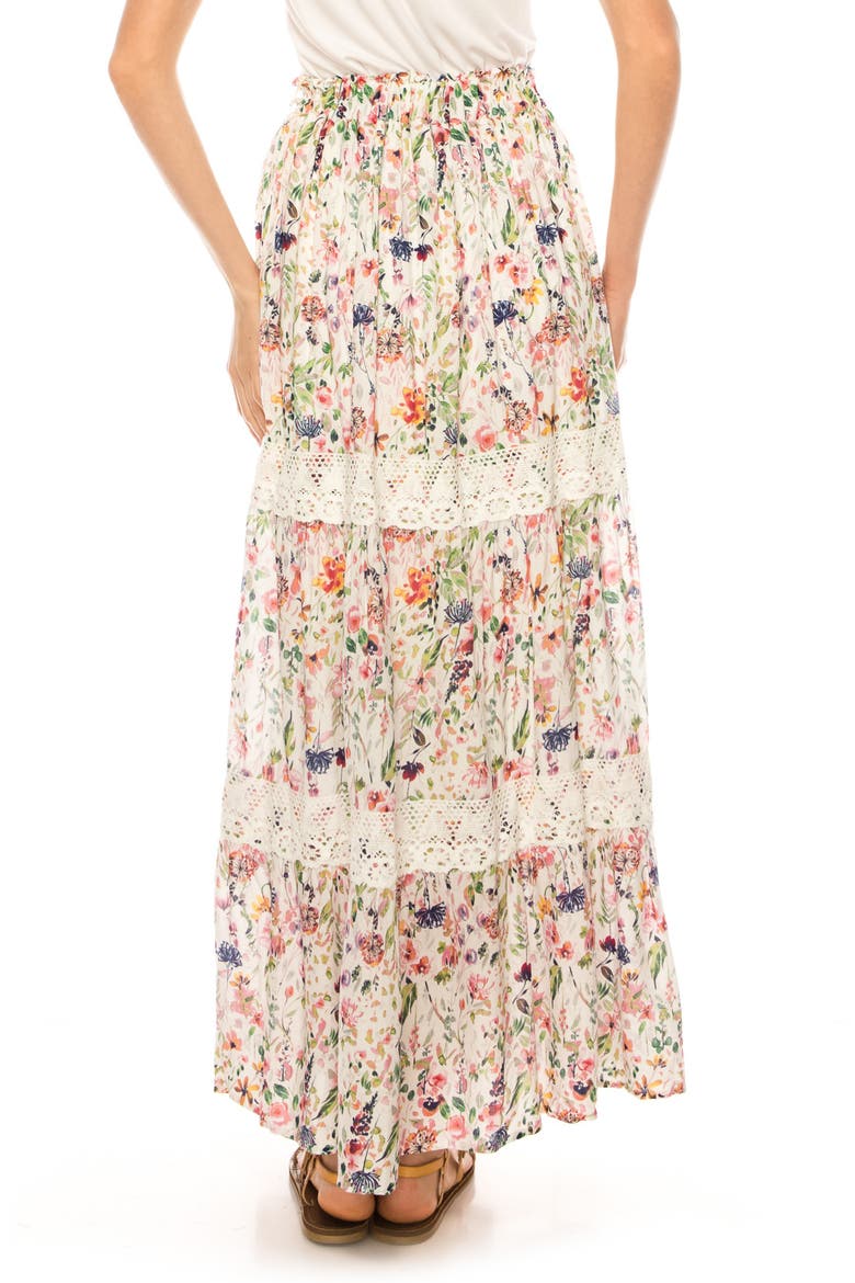 Floral Print Crochet Trim Maxi Skirt, Alternate, color, BRIGHT WHITE