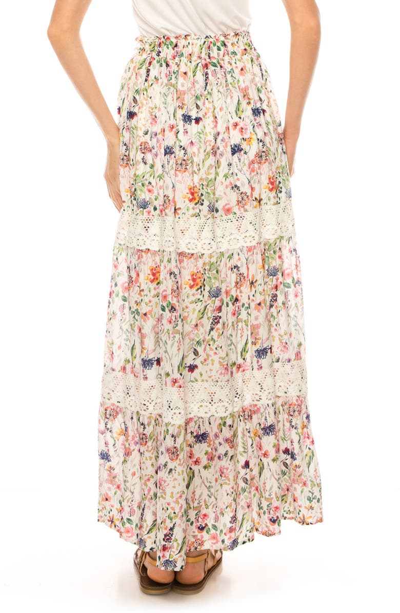 A COLLECTIVE STORY Floral Print Crochet Trim Maxi Skirt, Alternate, color, Bright White