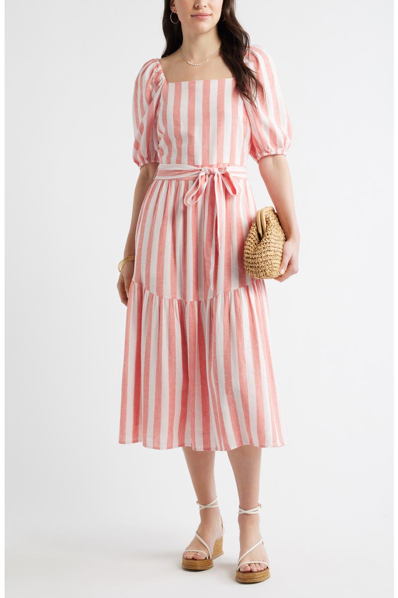 Stripe Puff Sleeve Tiered Midi Dress, Main, color, PINK- CORAL CABANA STRIPE