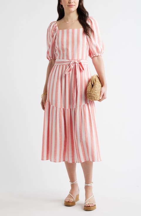 Stripe Puff Sleeve Tiered Midi Dress
