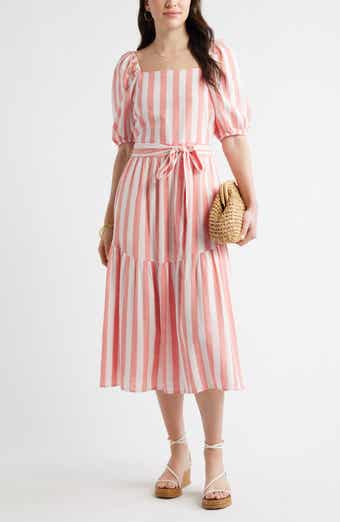 Stripe Puff Sleeve Tiered Linen Blend Midi Dress