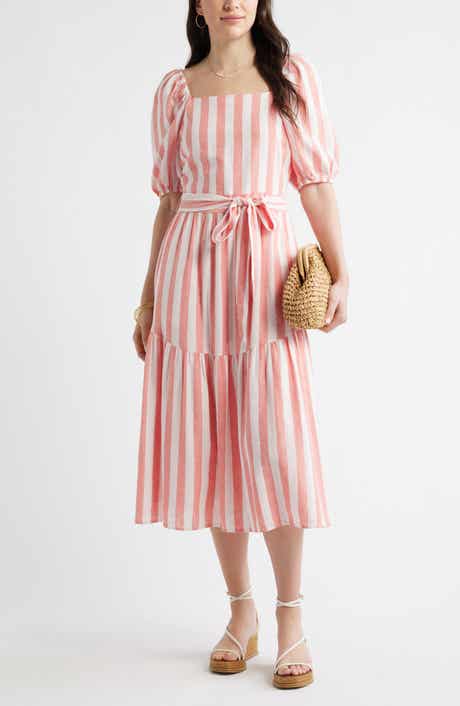 Stripe Puff Sleeve Tiered Linen Blend Midi Dress