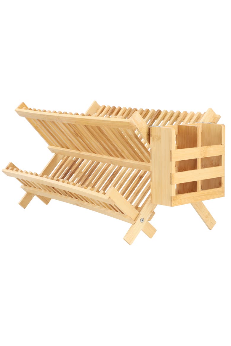 2 Tier Collapsible Kitchen Wood Drying Dish Rack, Alternate, color, Bamboo