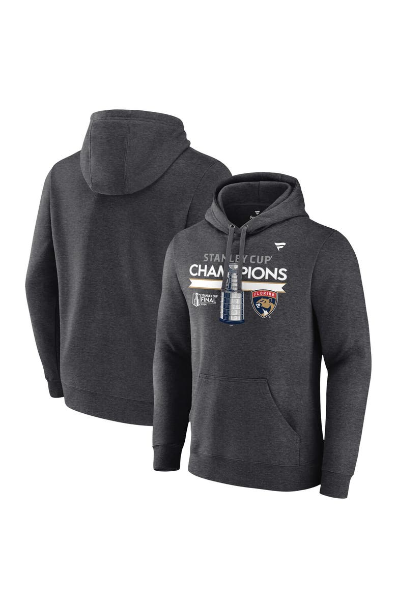 FANATICS Men's  Heather Charcoal Florida Panthers 2024 Stanley Cup Champions Locker Room Fleece Pullover Hoodie, Main, color, 