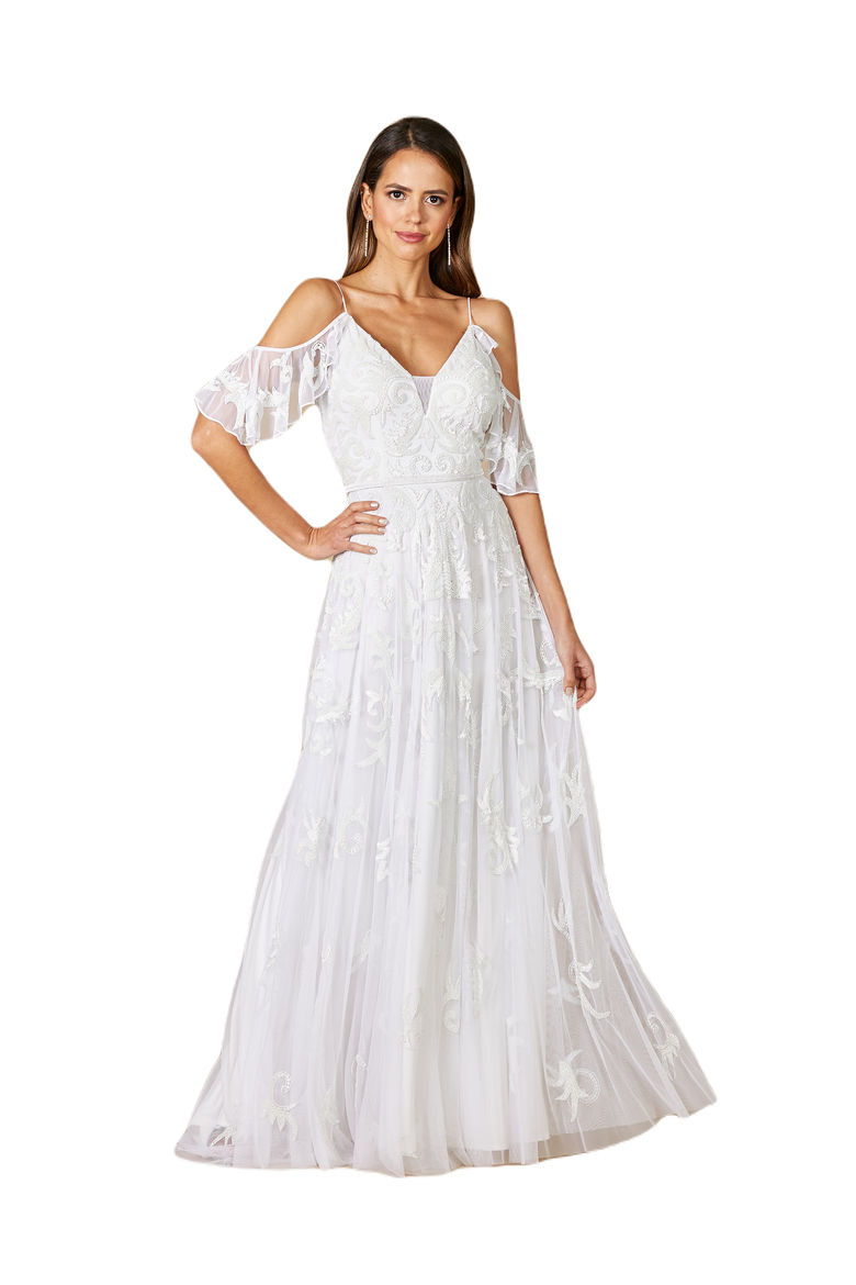 Giana Beaded Cold-Shoulder Wedding Dress, Main, color, Ivory