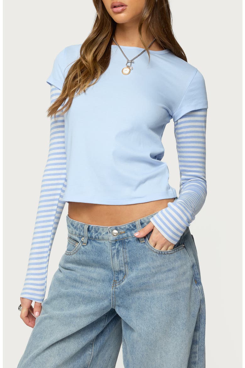 Stripey Layered Crop T-Shirt, Main, color, LIGHT-BLUE