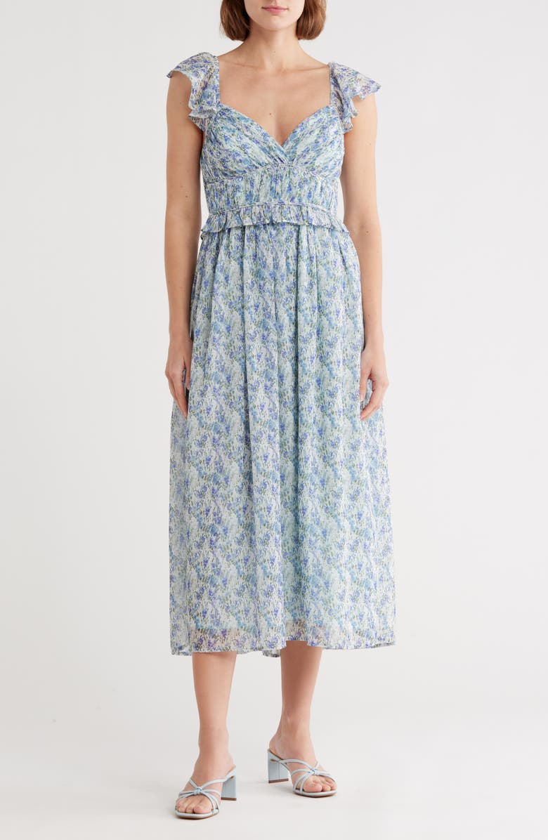 Lush Shirred Flutter Sleeve Midi Dress, Main, color, Blue Floral
