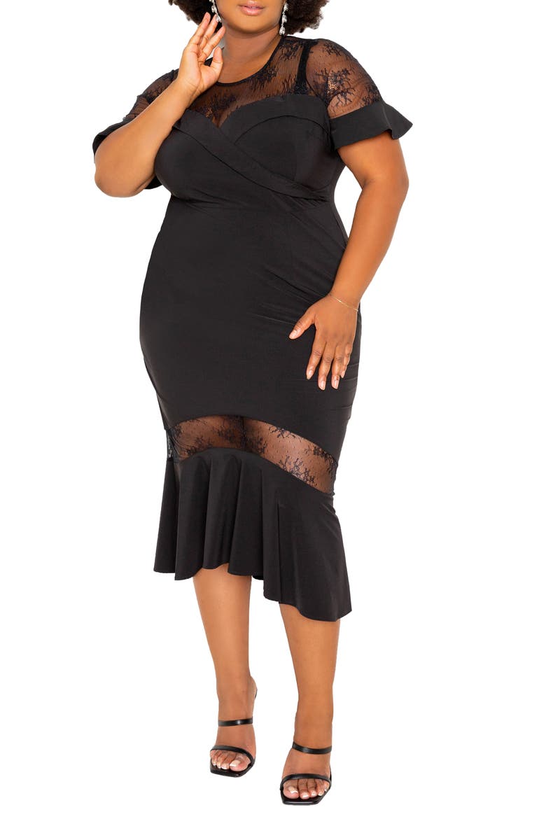 Fit & Flare Dress With Lace Inserts, Main, color, BLACK
