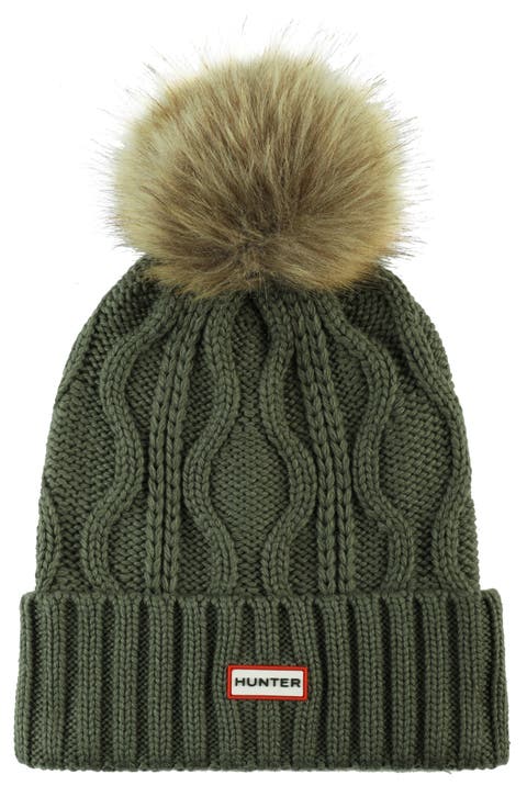 Cable Stitch Beanie with Faux Fur Pom