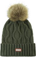 Hunter Cable Stitch Beanie with Faux Fur Pom