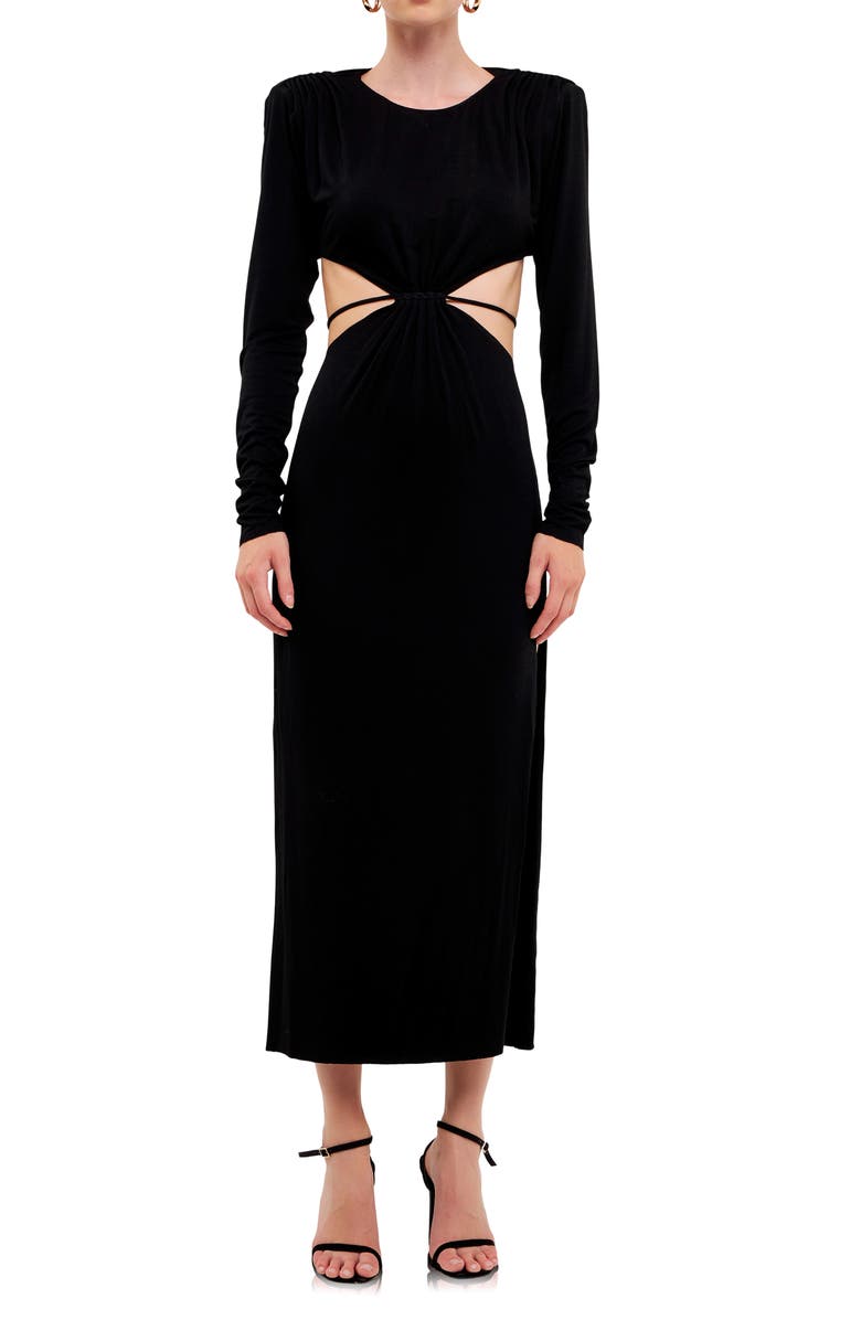 Grey Lab Cutout Waist Long Sleeve Cotton Dress, Main, color, Black