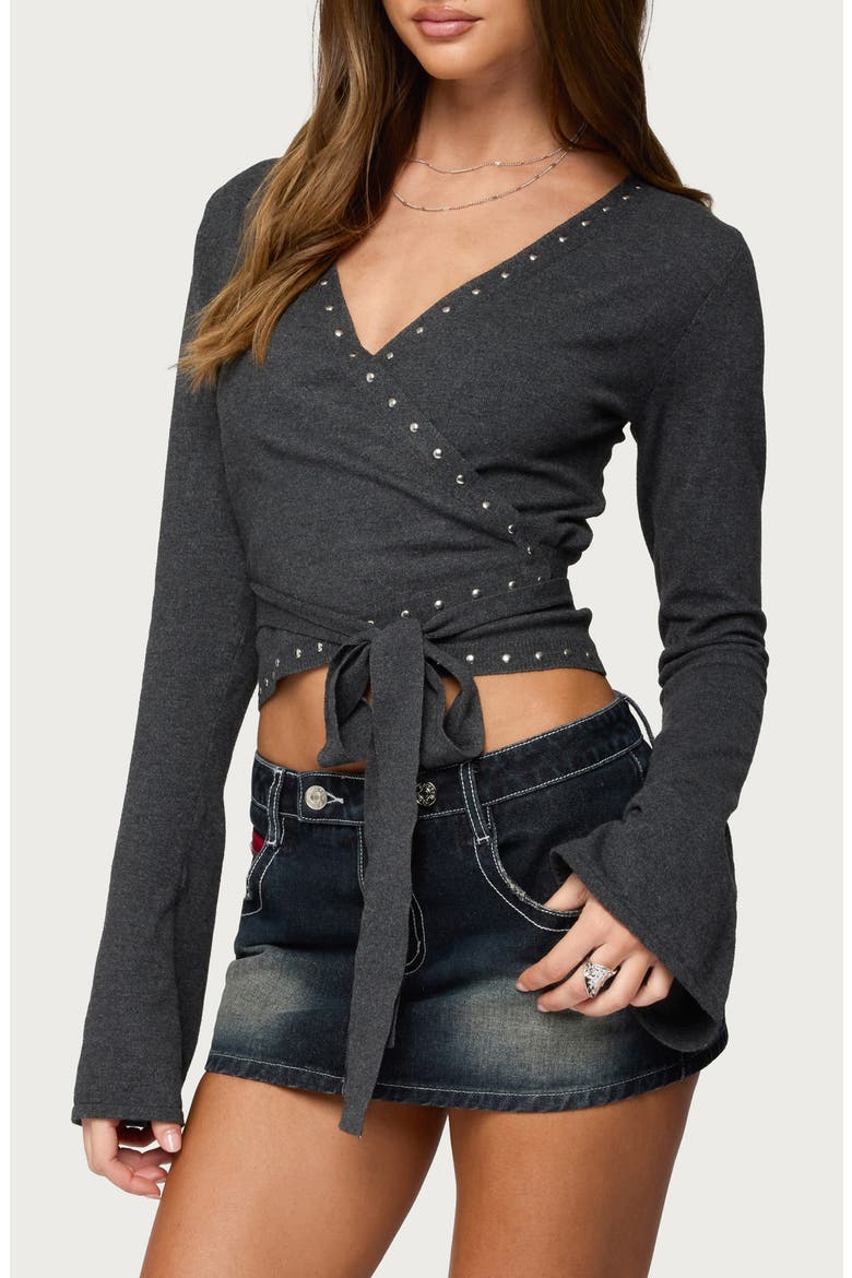 Roccia Stud Wrap Crop Top, Alternate, color, DARK GRAY MELANGE