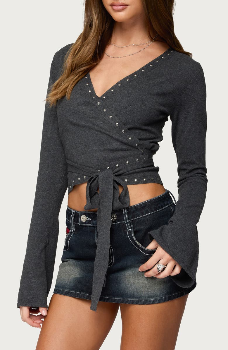 EDIKTED Roccia Stud Wrap Crop Top, Alternate, color, Dark Gray Melange