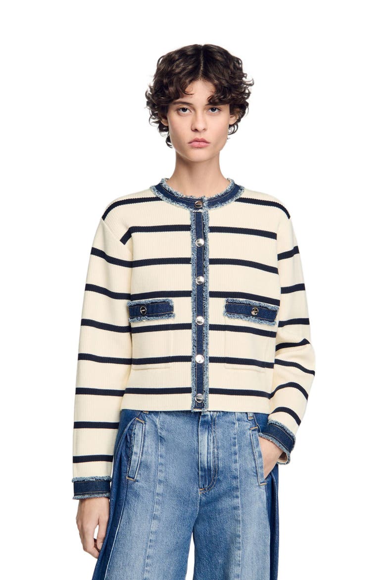 Stripy cardigan with denim details, Alternate, color, Ecru