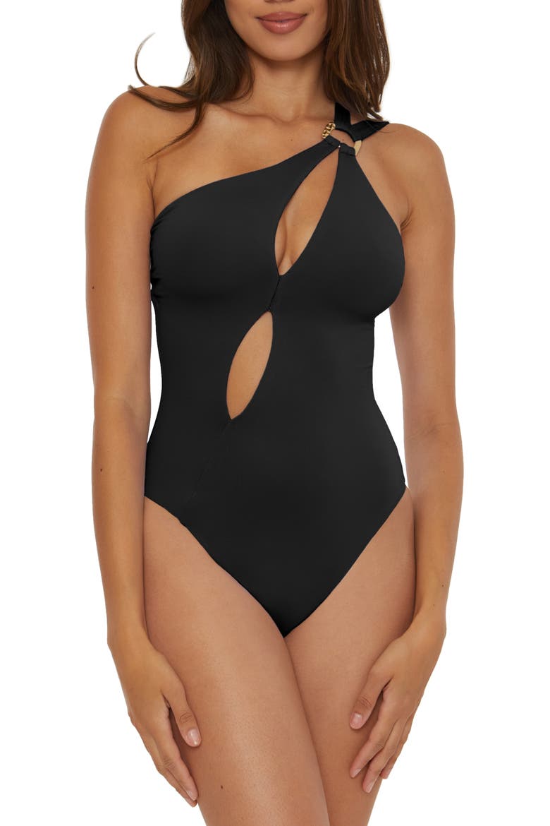 Tahiti One-Shoulder Cutout One-Piece Swimsuit, Main, color, BLACK