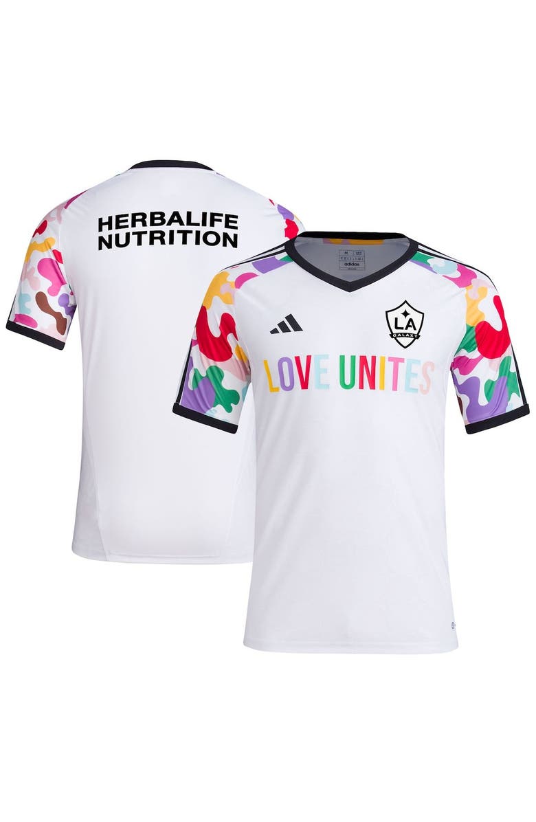 adidas Men's adidas White LA Galaxy 2023 Pride Pre-Match Top, Main, color, 