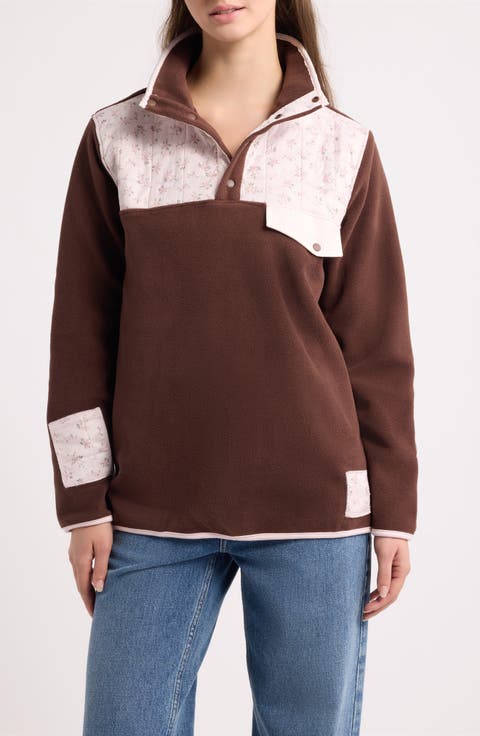 Quilted Floral Fleece Henley Pullover