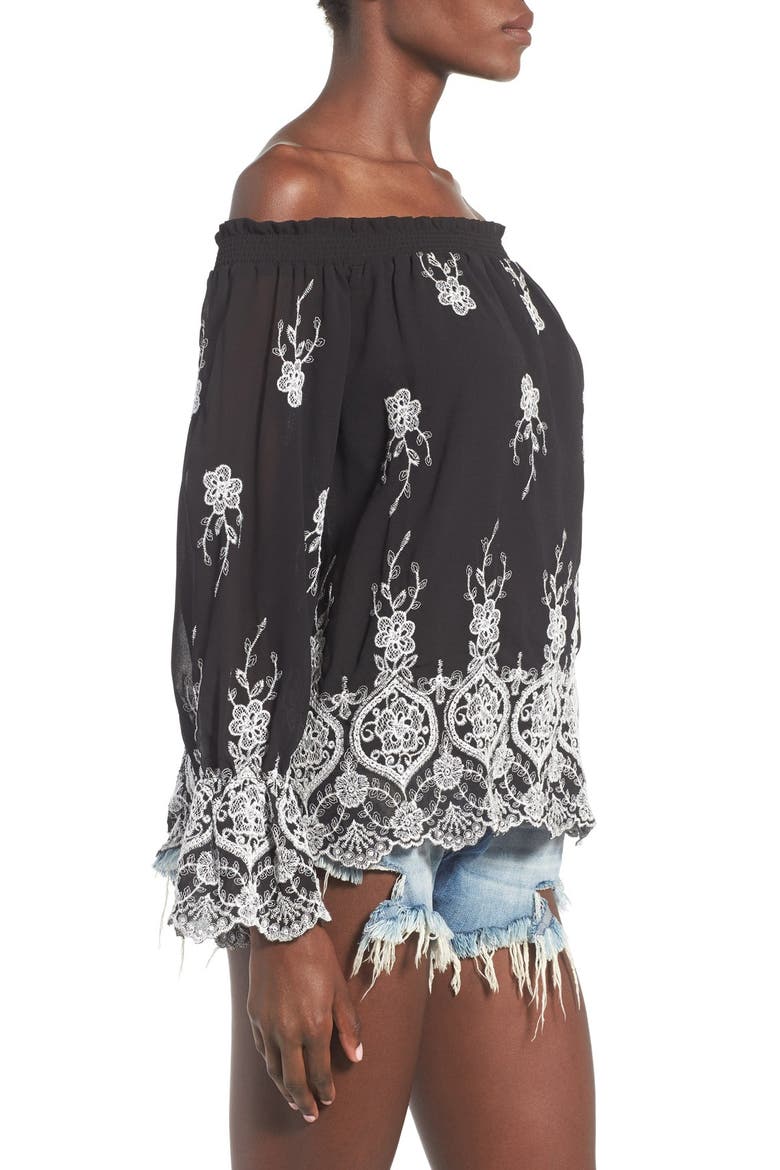 Embroidered Off the Shoulder Top, Alternate, color, BLACK/ IVORY