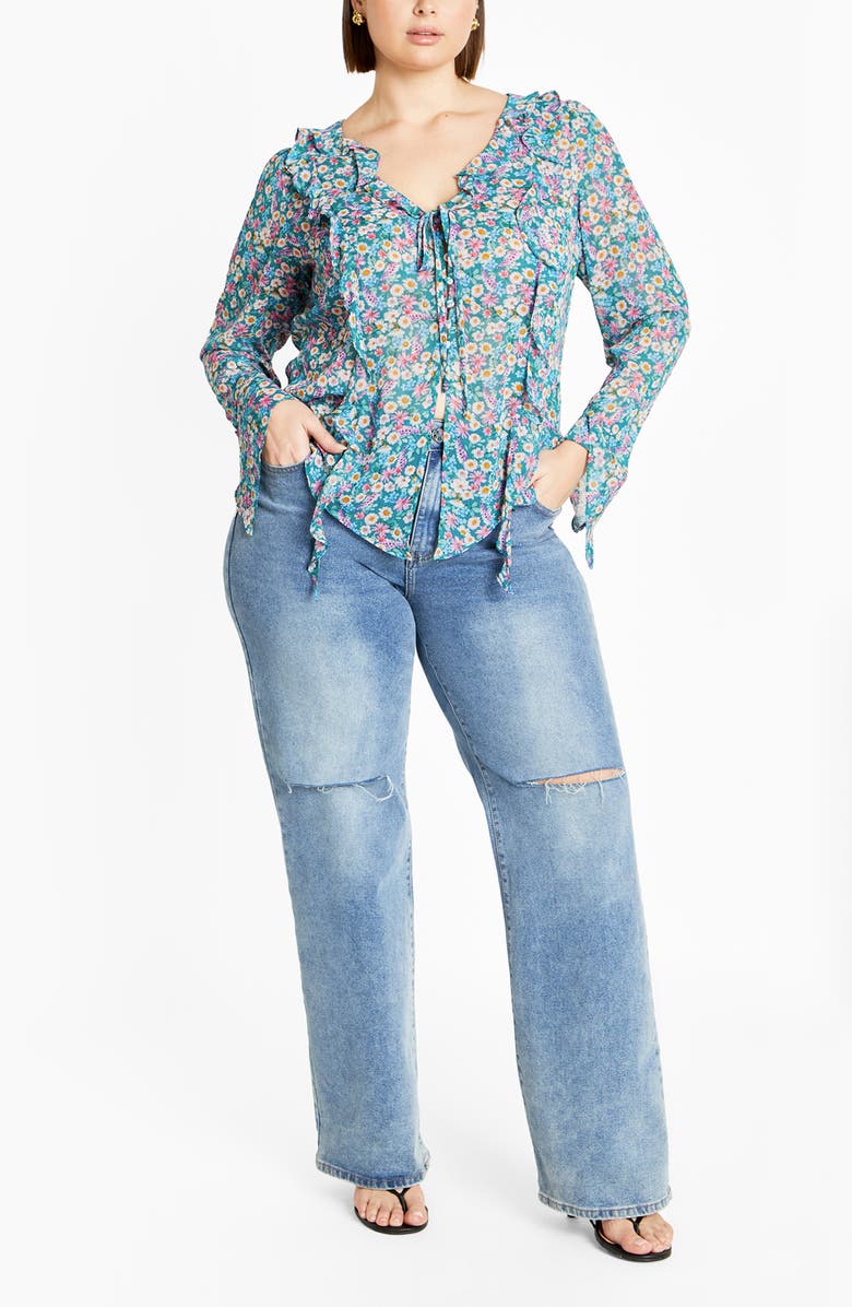 City Chic Lidia Floral Ruffle Long Sleeve Chiffon Top, Alternate, color, Ditsy Swirl