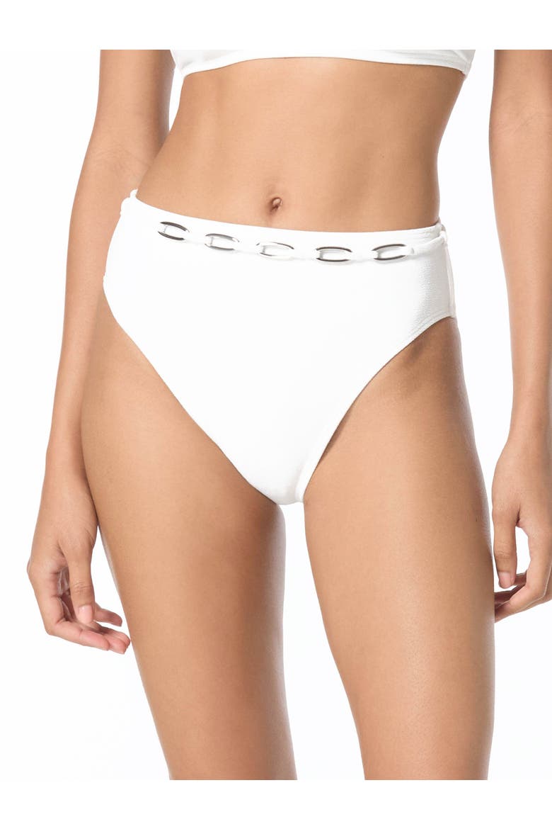 Oval Link Crepe Solids High Waist Swim Bottom, Main, color, White