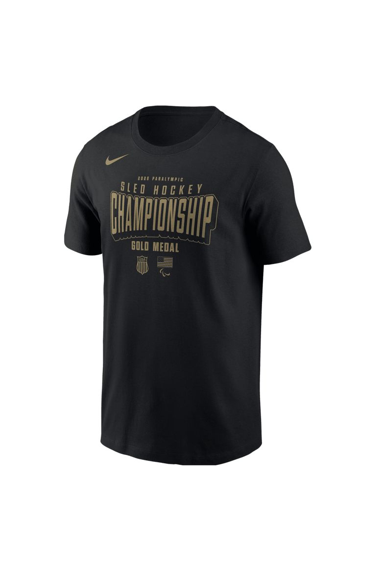 Men's Nike Black US National Sled Hockey 2026 Winter Olympics Gold Medal Champions T-Shirt, Main, color, Black
