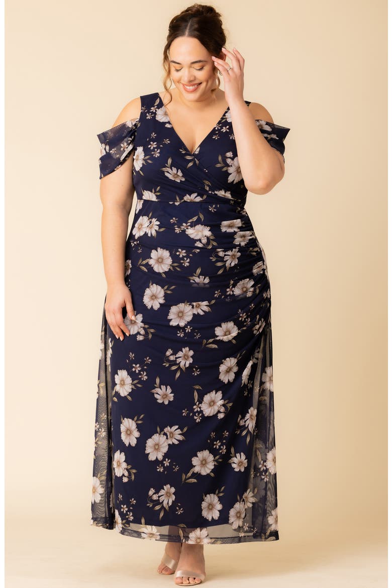 Seraphina Cold Shoulder Mesh Gown, Alternate, color, NAVY BLOOMS