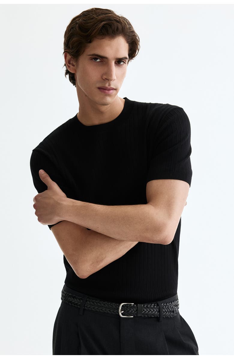 H&M Slim Fit Knitted T-shirt, Alternate, color, Black