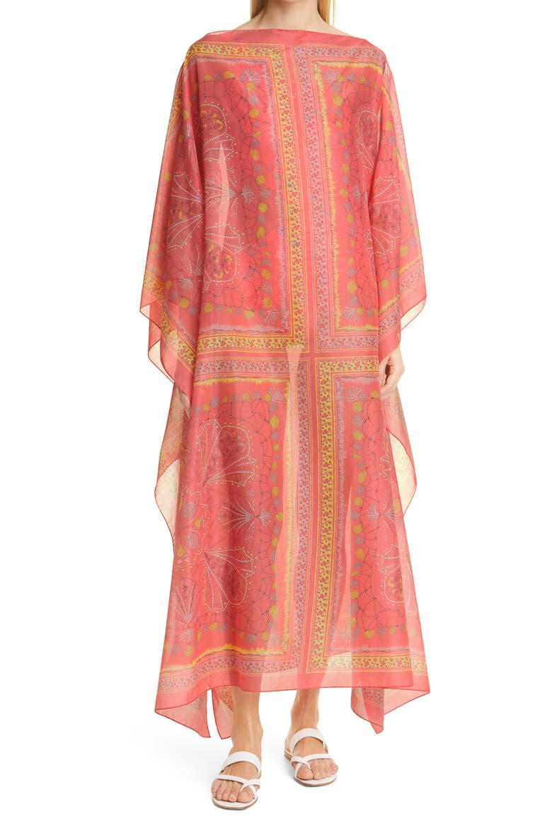Conch Print Cotton Cover-Up Caftan, Main, color, CORAL