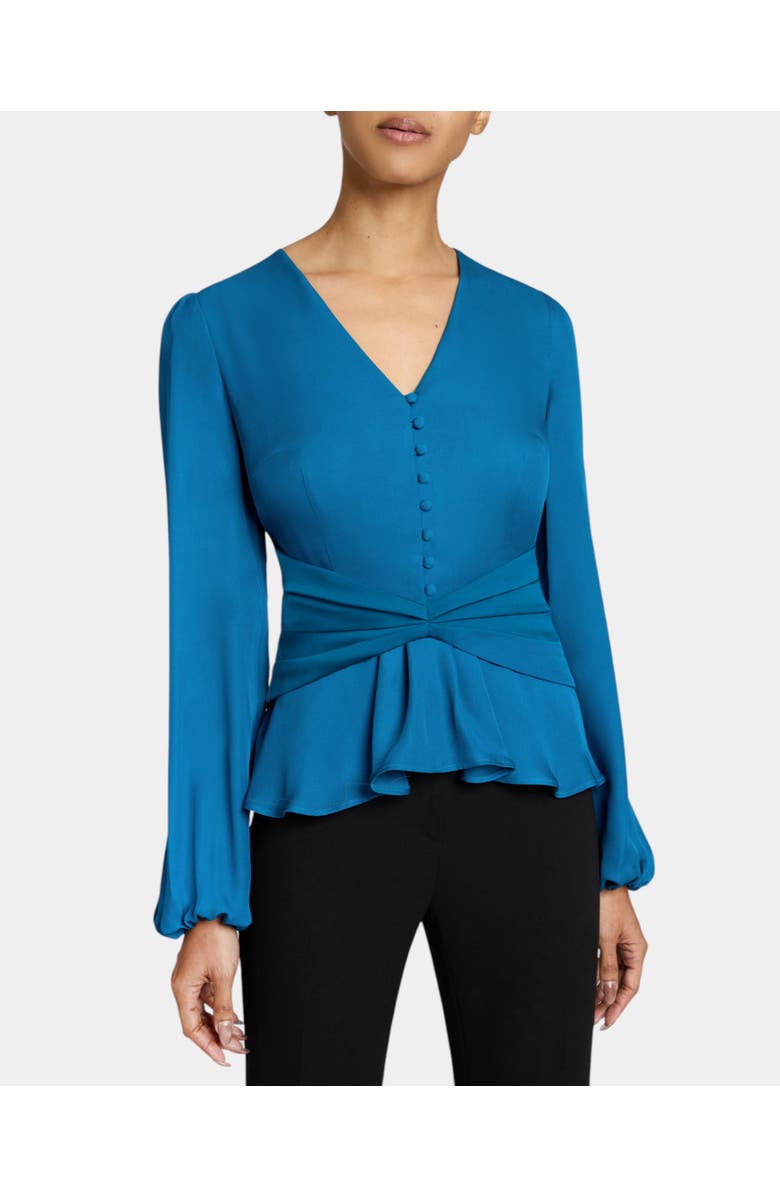 Santorelli RUBY Long Sleeve Blouse with Cinched Waist in Silk Georgette, Main, color, Aquamarine