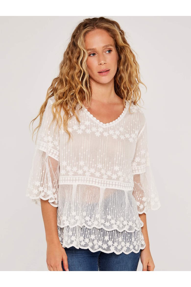 Embroidered Cotton Mesh Top, Main, color, Cream