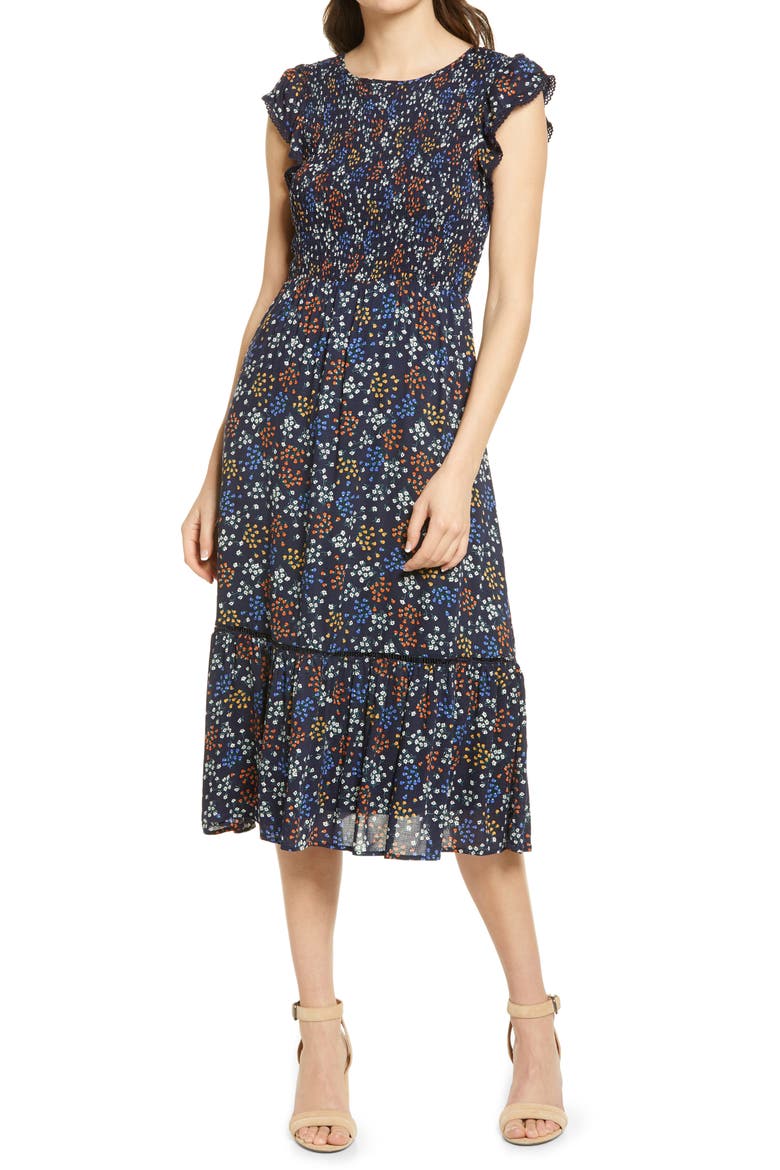 Blossom & Bloom Floral Smocked Dress, Main, color, BLACK MULTI