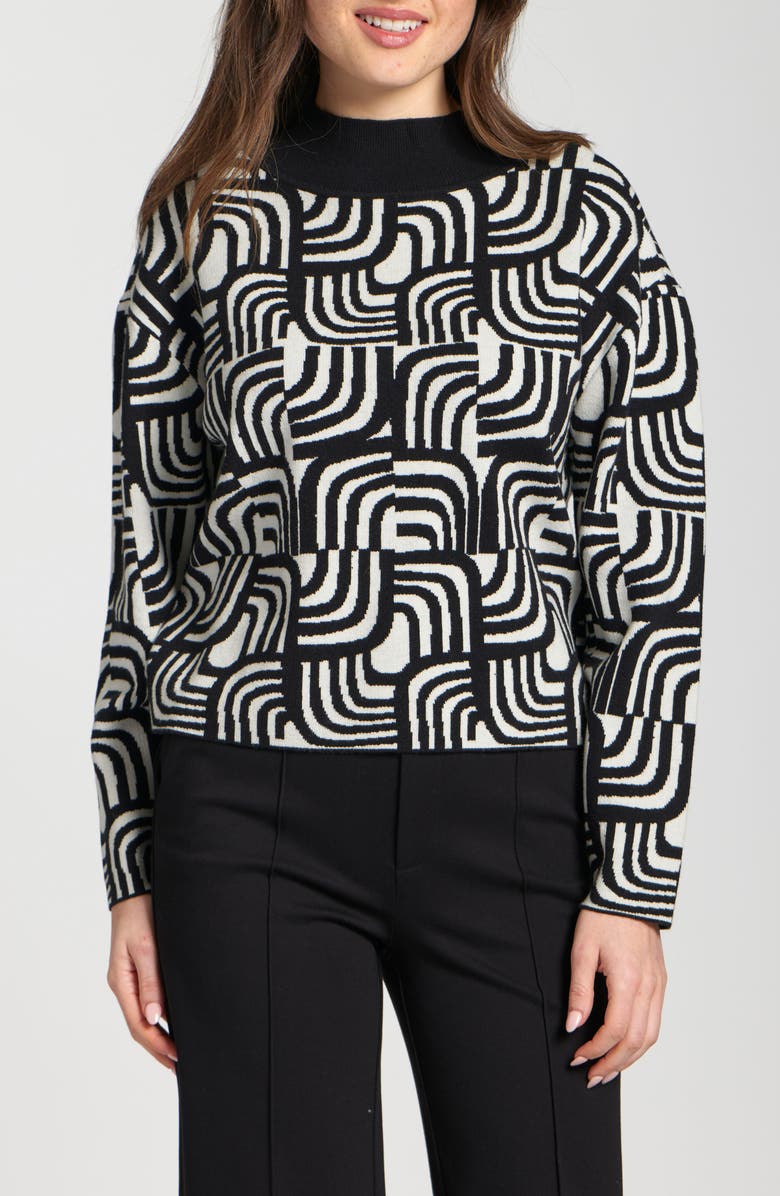 APNY Abstract Jacquard Mock Neck Sweater, Main, color, Black/ White