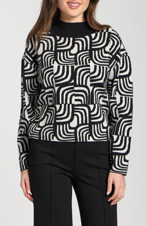 Abstract Jacquard Mock Neck Sweater