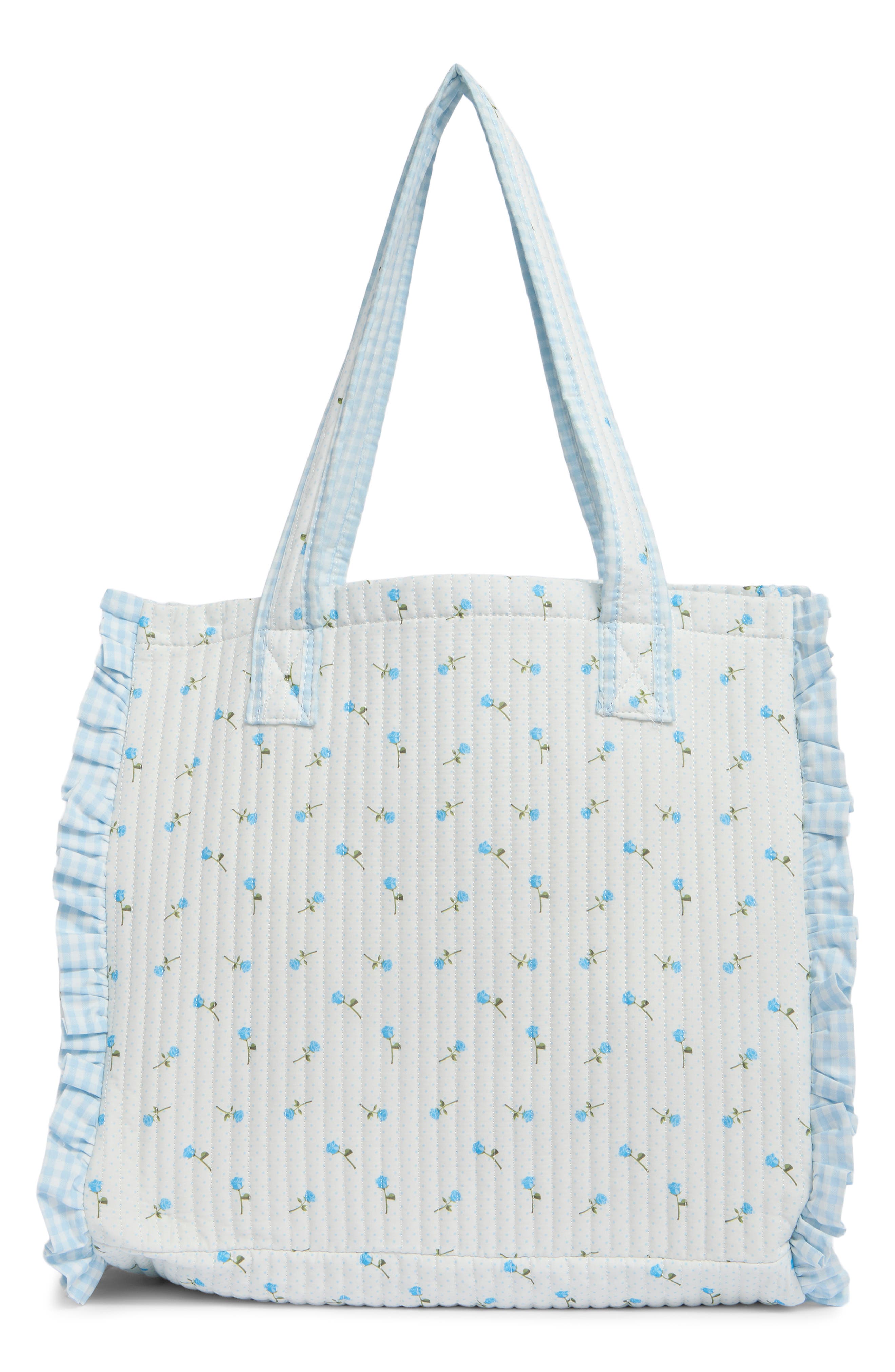 Madden Girl Floral Quilted Tote Bag with Pouch, Main, color, Blue Ditsy