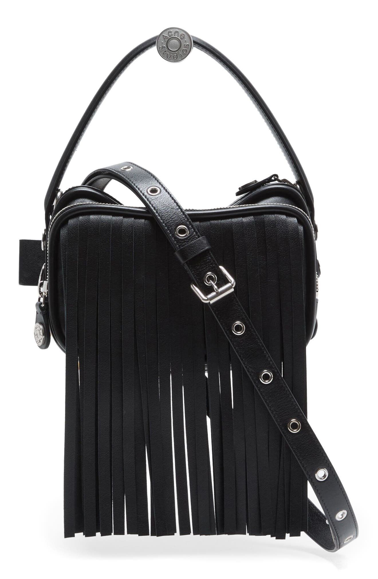 Acne Studios Camero Kit Fringe Leather Handbag, Main, color, Black