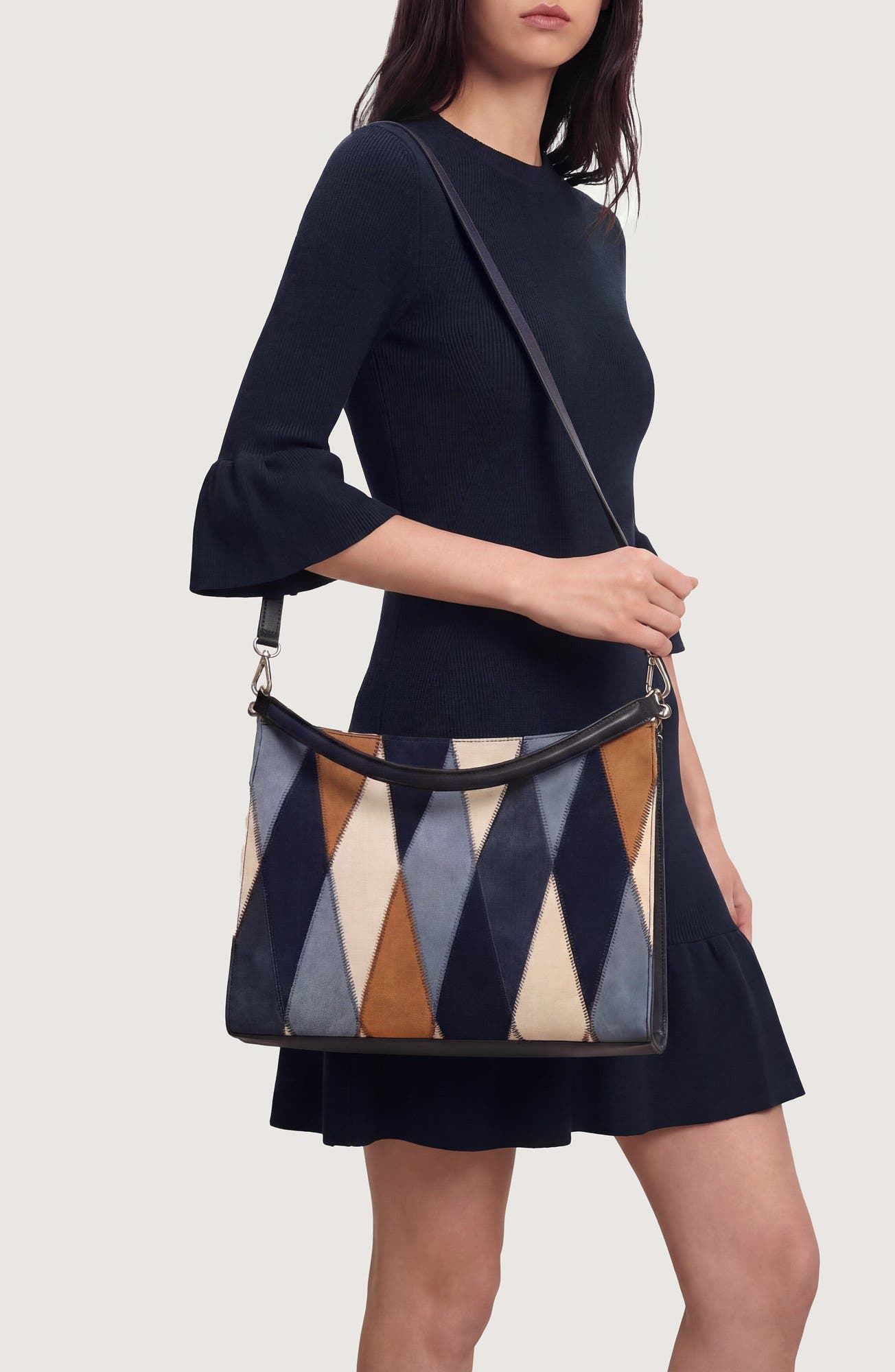 Veronica Beard Vida Patchwork Suede Shoulder Bag, Alternate, color, Blue Multi