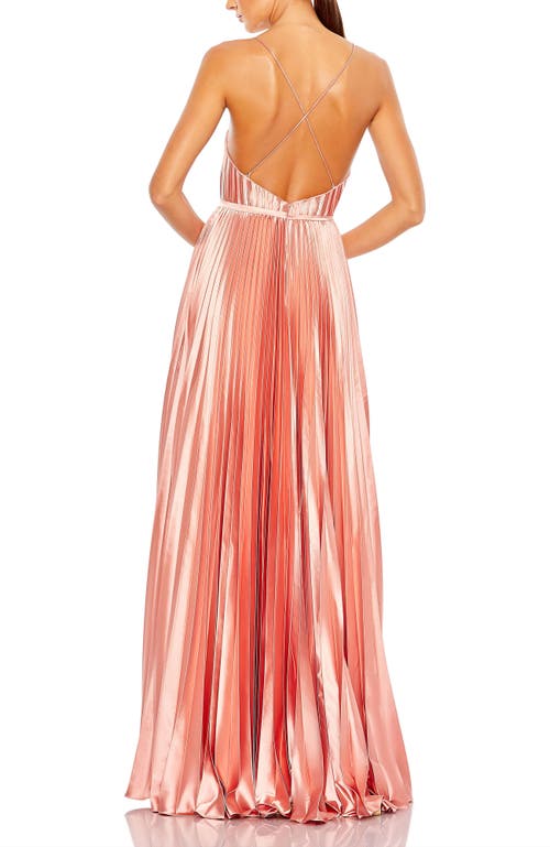 Mac Duggal Plunge Neck Pleated Evening Gown In Rose Gold