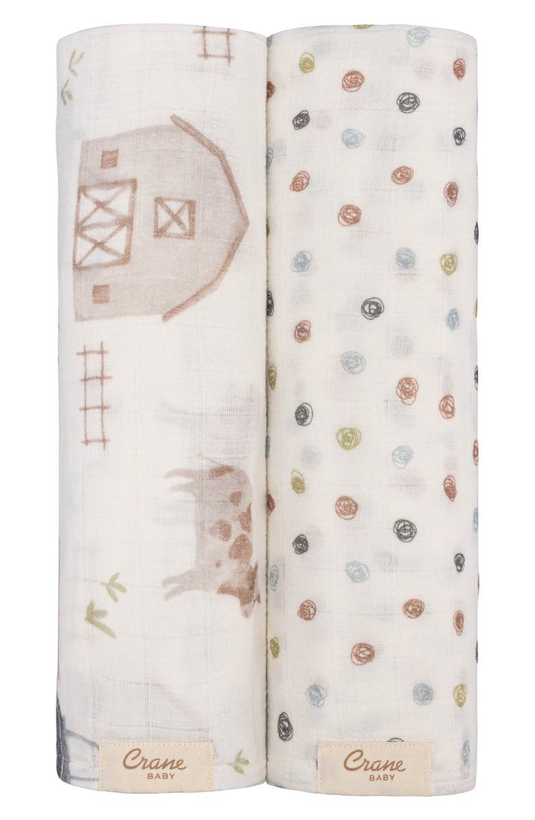 CRANE BABY Tractor Assorted 2-Pack Cotton Muslin Swaddles, Main, color, Beige
