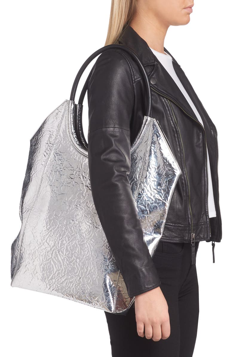 rag & bone Remi Crinkled Metallic Faux Leather Shopper, Alternate, color,