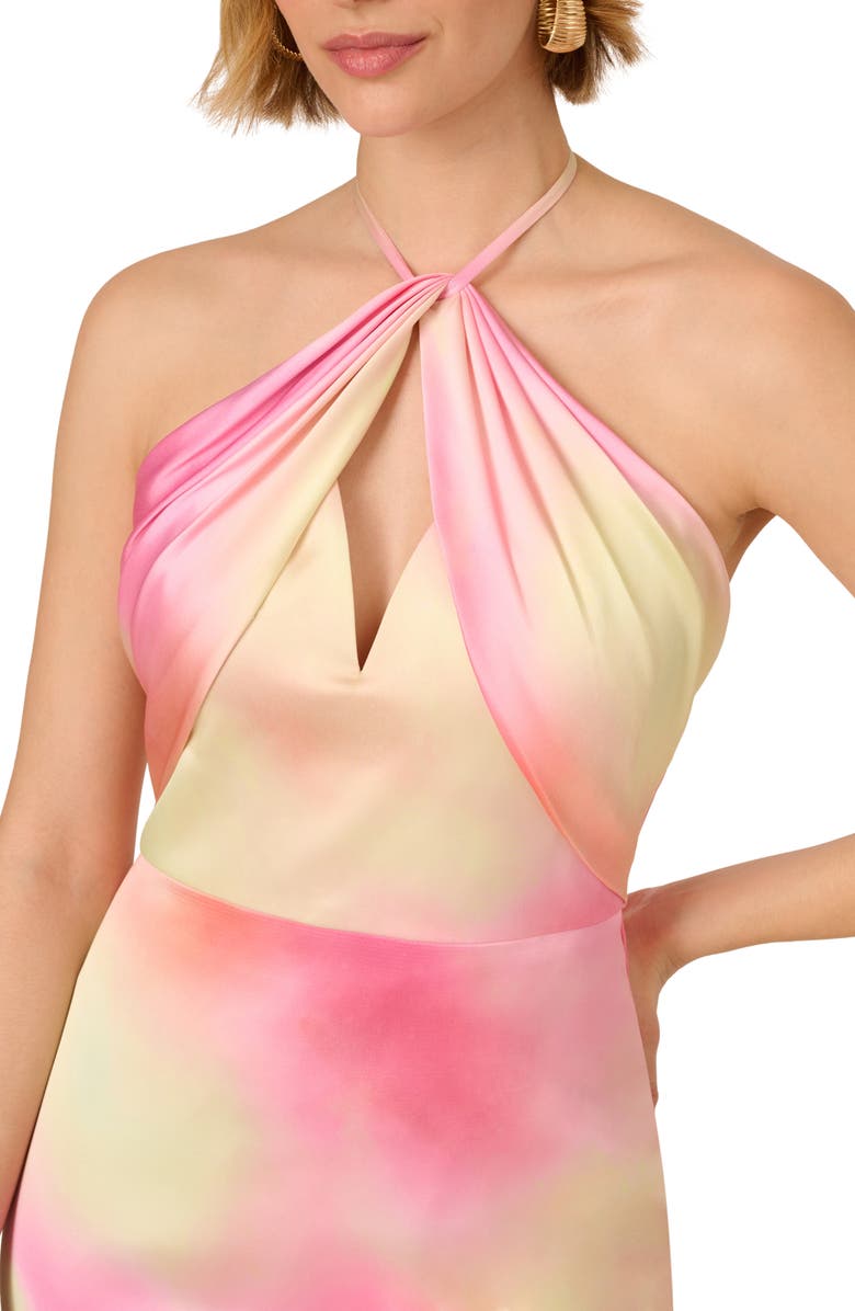 Adrianna Papell Watercolor Print Sateen Halter Dress, Alternate, color, Pink Multi