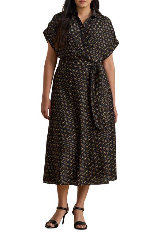 Ralph Lauren Lauren Chain Print Tie Waist Long Sleeve Crepe Shirtdress In Green