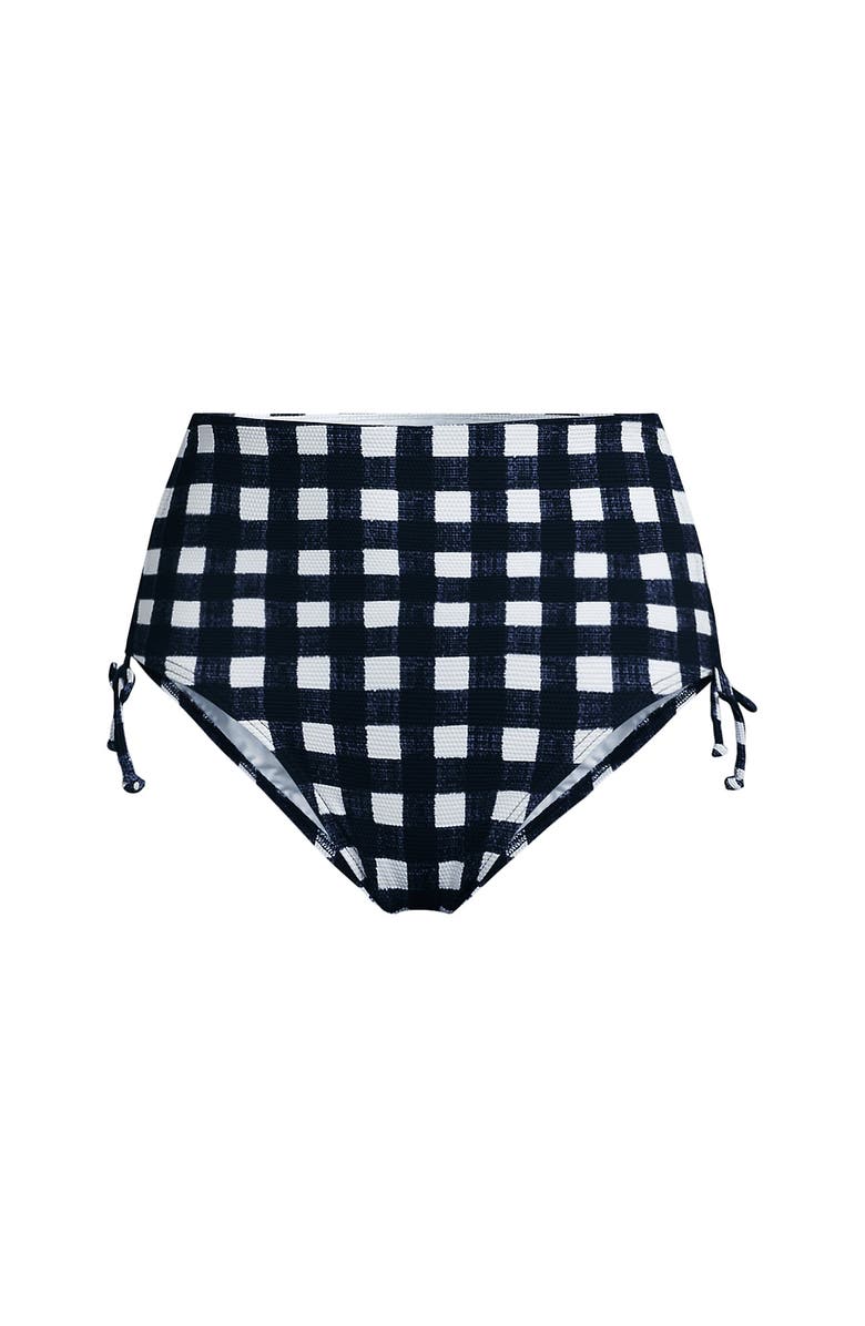 Lands' End Chlorine Resistant Adjustable High Waisted Bikini Swim Bottoms, Alternate, color, Navy Gingham Pique