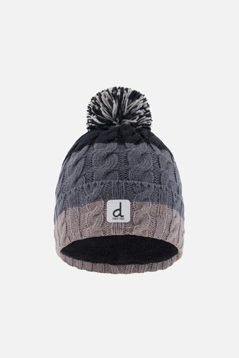 Colorblock Cable-Knit Fleece-Lined Winter Hat with Pompom