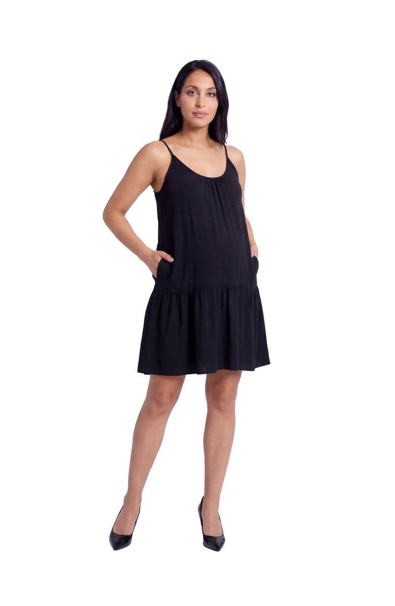 24seven Comfort Apparel Maternity Essential Scoop Neck Spaghetti Strap Pocket A-Line Mini Dress, Main, color, Black