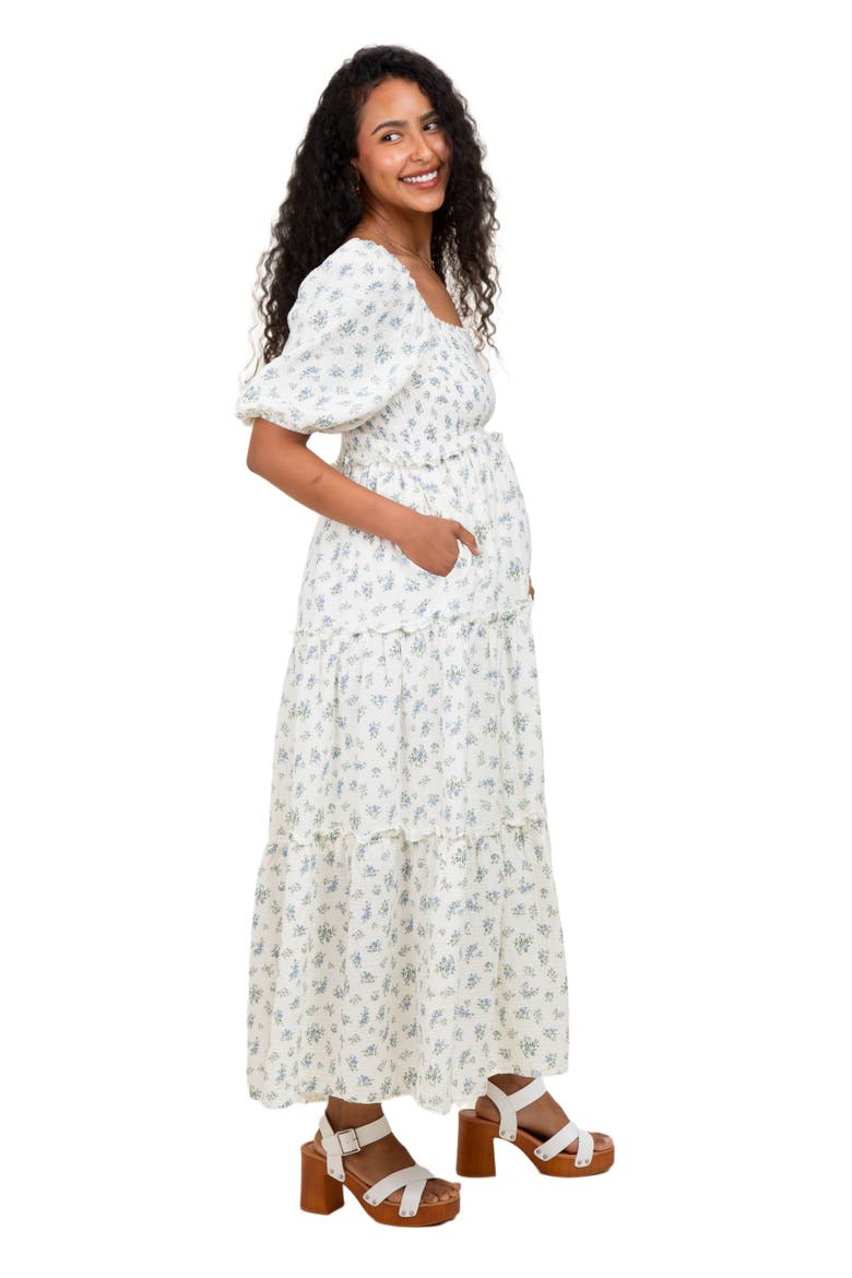 Floral Smocked Ruffle Tiered Maxi Dress, Alternate, color, Blue
